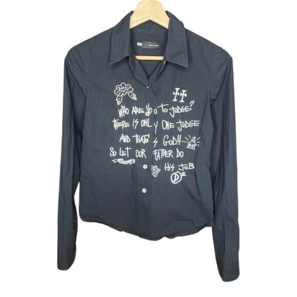 Dsquared2 Womens‎ Embroidered Poem Button Up Top Black Size 6 Y2K Streetwear